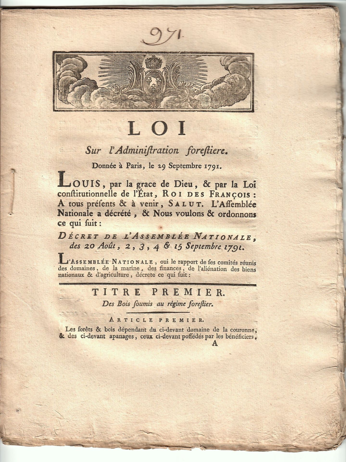 Null 林地 - 1791年9月29日 "关于森林管理的法律"。带子。在里昂印刷，32页，4页--（受林业制度约束的森林；提名，警卫、检查员、保护员、专员的职&hellip;