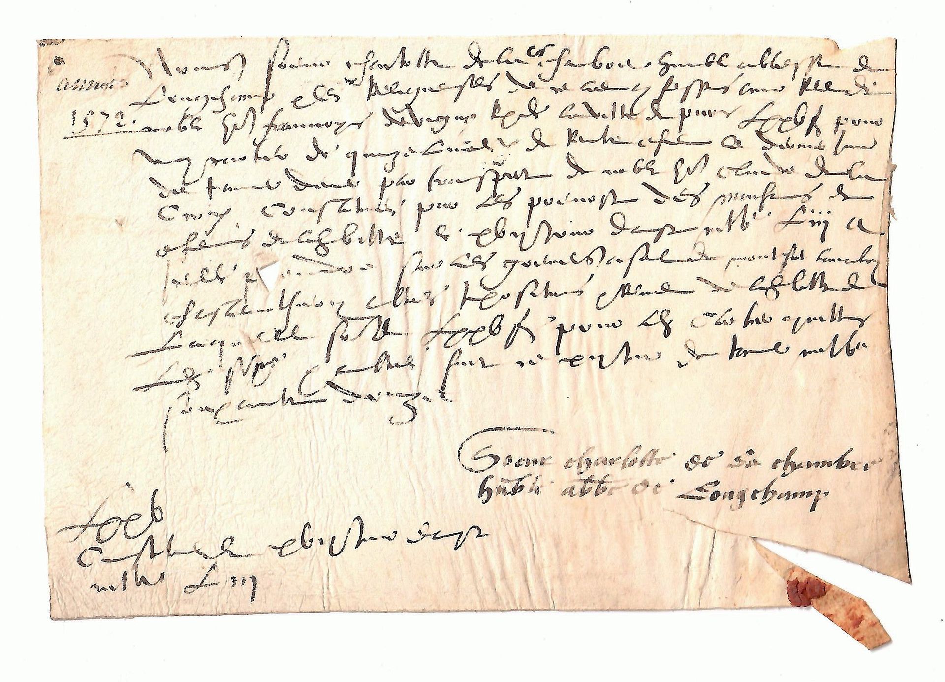 Null 巴黎。位于巴黎的隆尚皇家修道院（已消失）。签署于1572年1月12日的牛皮纸文件，内容是关于年金的。牛皮纸 (11 x 16 cm)