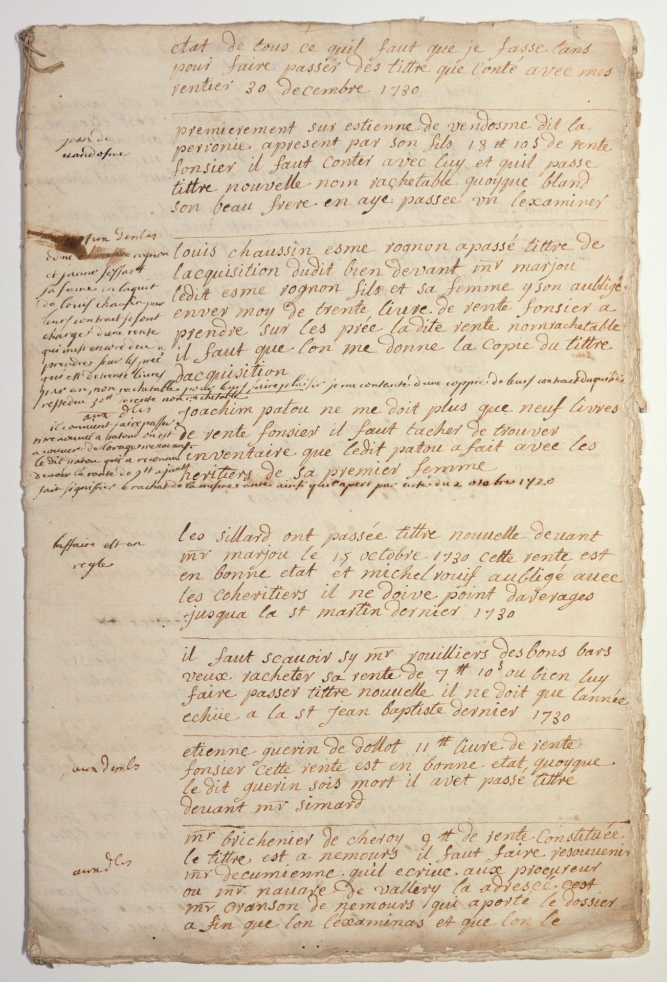 Null YONNE - HODEAU家族的财务备忘录。"说明我必须做的所有事情，既要传递头衔，又要与我的年金领取者算账，1730年12月30日。大型手写笔记本&hellip;