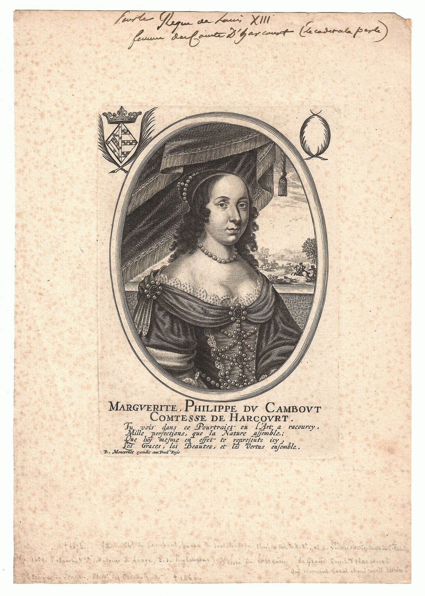 Null « Marguerite Philippe du CAMBOUT, Comtesse de HARCOURT… » Gravure aux armes&hellip;