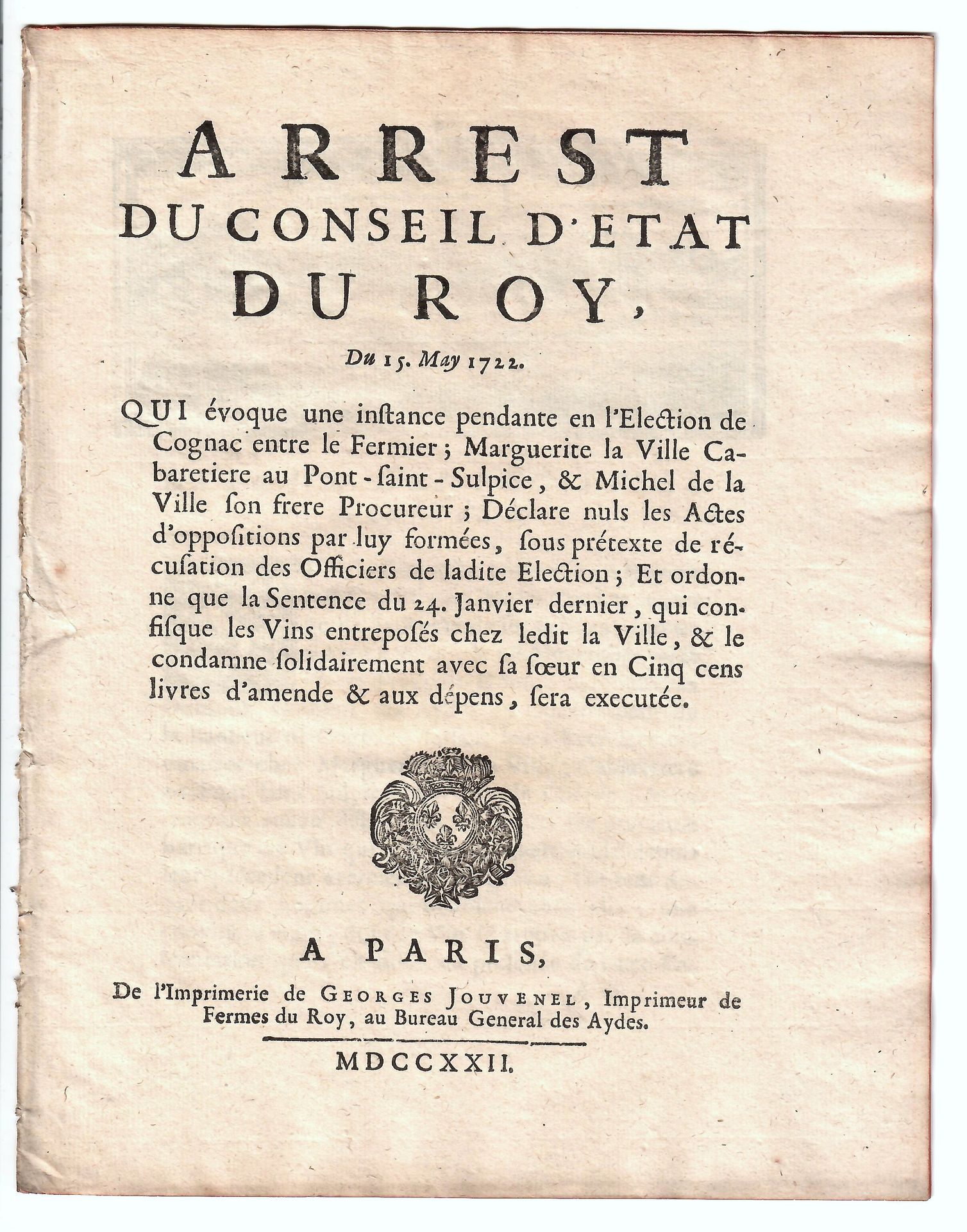 Null COGNAC (16). VIN. "Sentenza del Consiglio del Re del 15 maggio 1722, che ev&hellip;