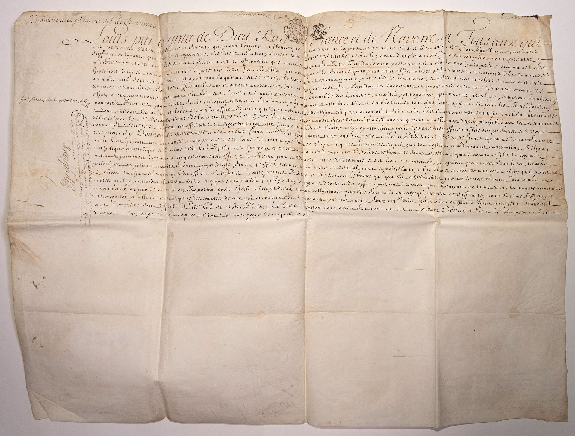 Null OISE. 1720. BEAUVAIS. Lettera reale di nomina di Amé Messire Jean PAPILLON &hellip;