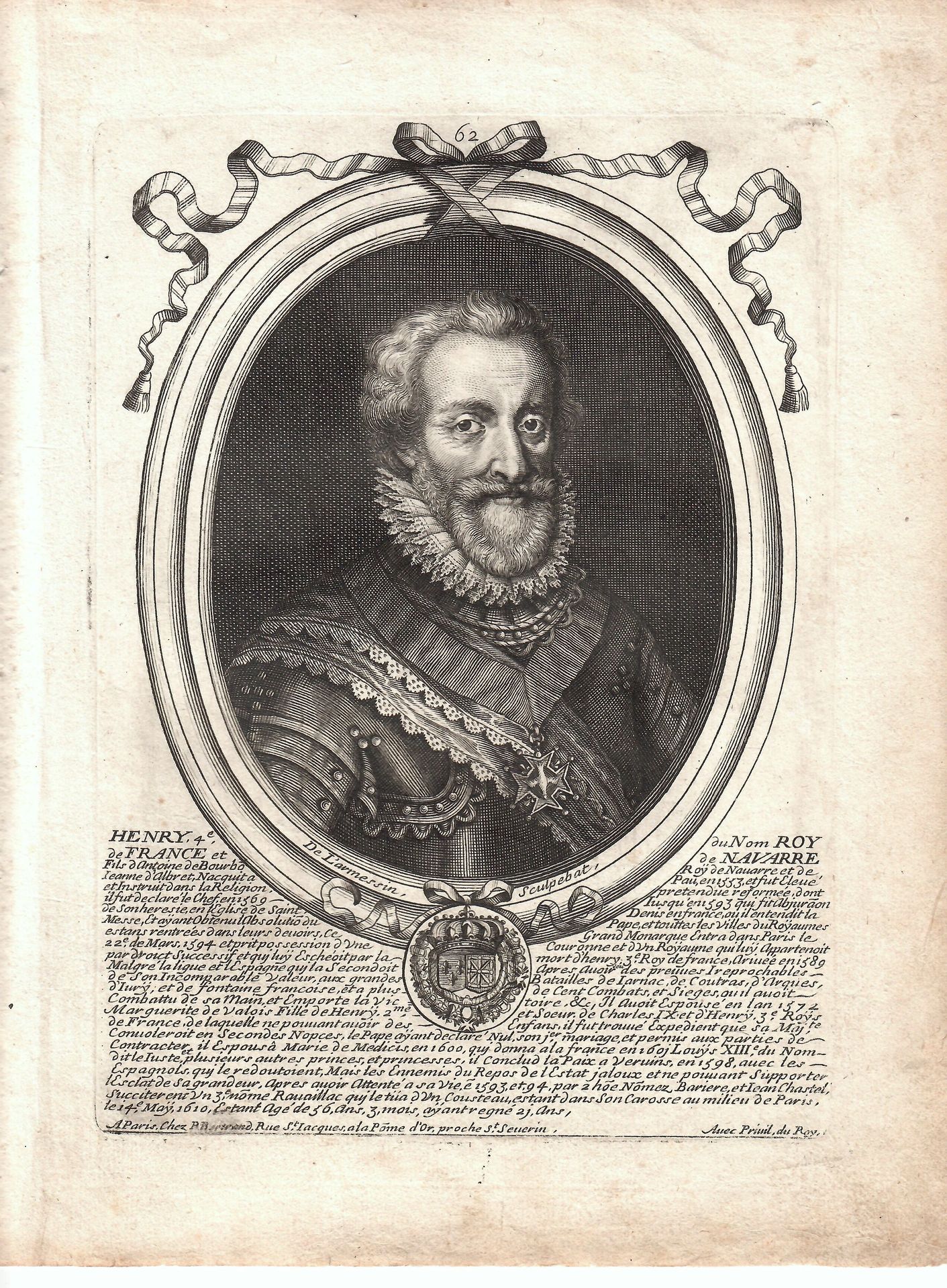 Null HENRI IV, King of France and Navarre. Engraving of his portrait by De L'ARM&hellip;