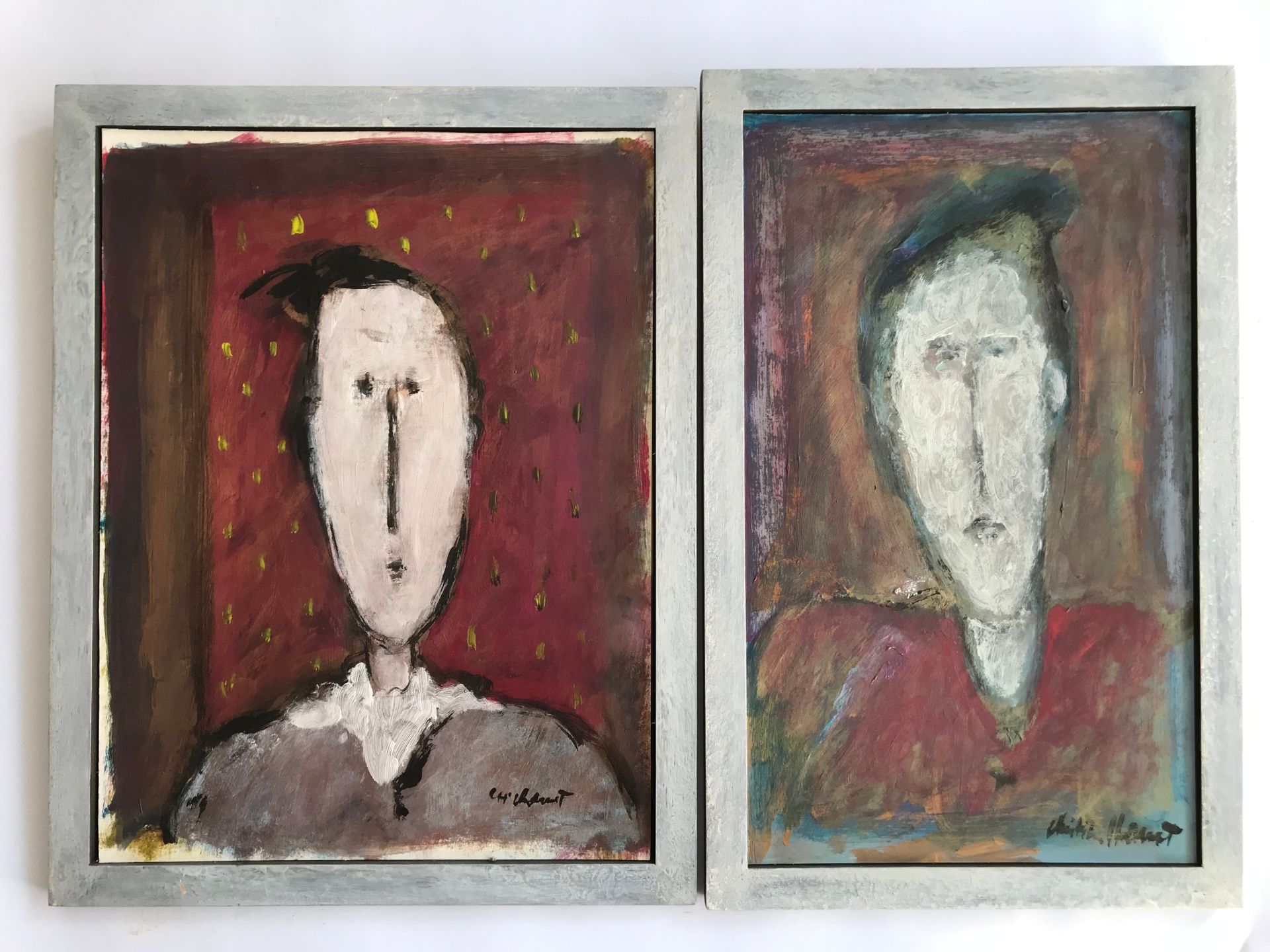 Null 克里斯蒂安-查韦 (1951) 
一对肖像（男人和女人） 
纸板上的油彩，带框 
39 x 22厘米和38 x 28厘米