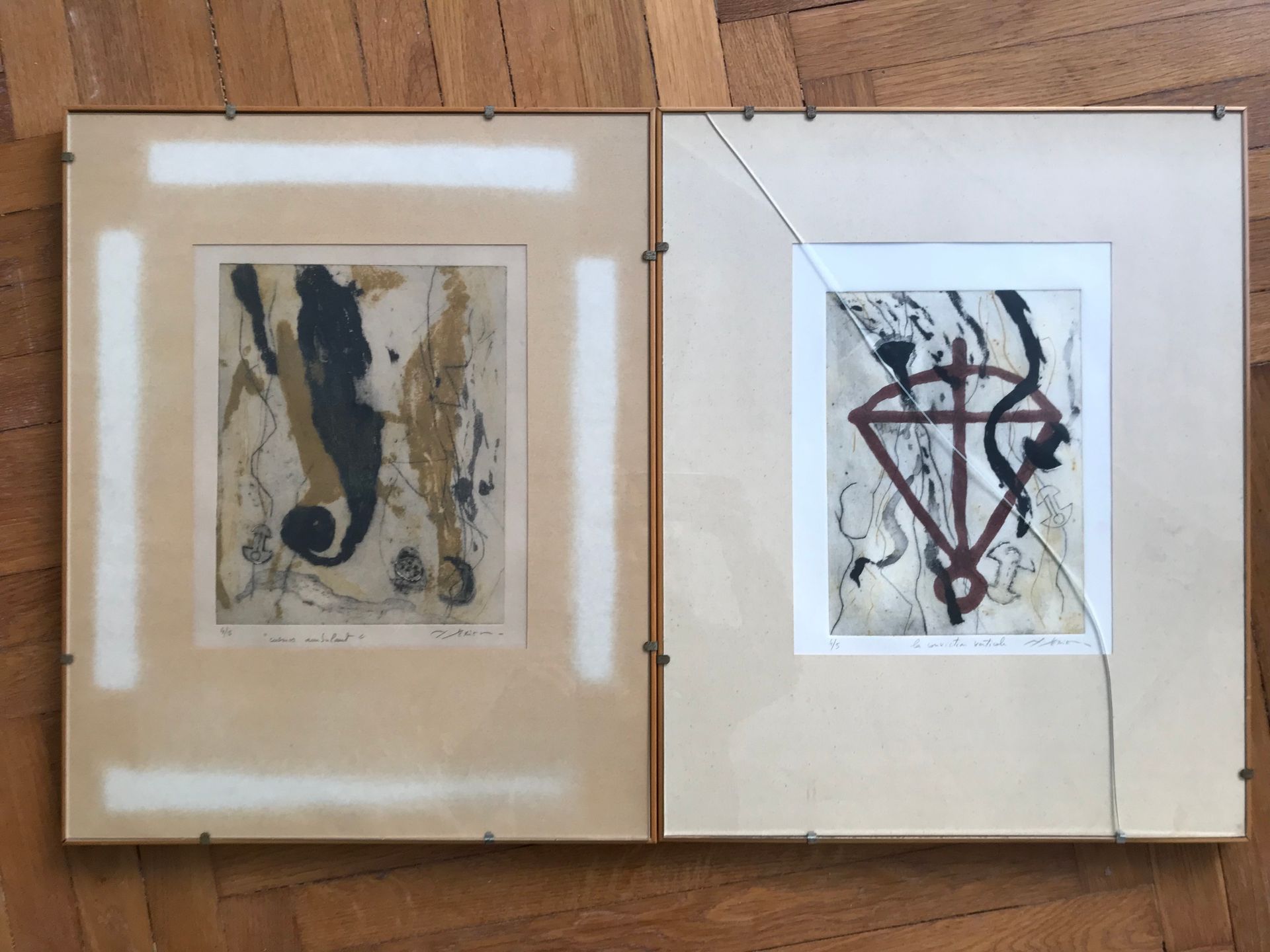 Null Richard TEXIER (1955) 
"行走的宇宙 "和 "垂直的信念 
一对蚀刻版画 
都有签名，标题，编号为4/5 
30 x 23厘米 &hellip;