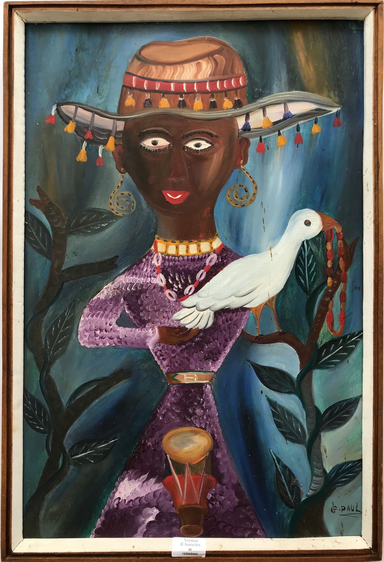 Null 杰拉德-保罗（海地，1943年） 
带着白鸟的女人 
伊索莱尔上的油彩 
右下方有签名 
60 x 40 cm
