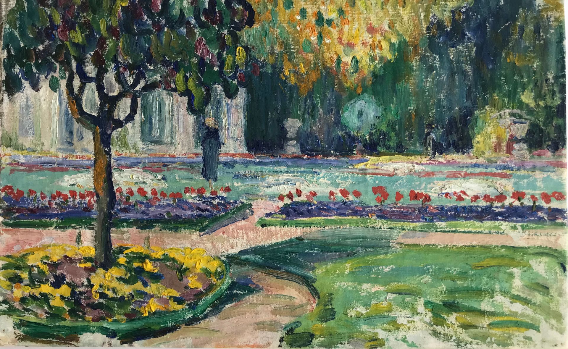 Null Henri HÉLIS (1872-1945) 
Passeggino in un giardino pubblico 
Olio su tela s&hellip;