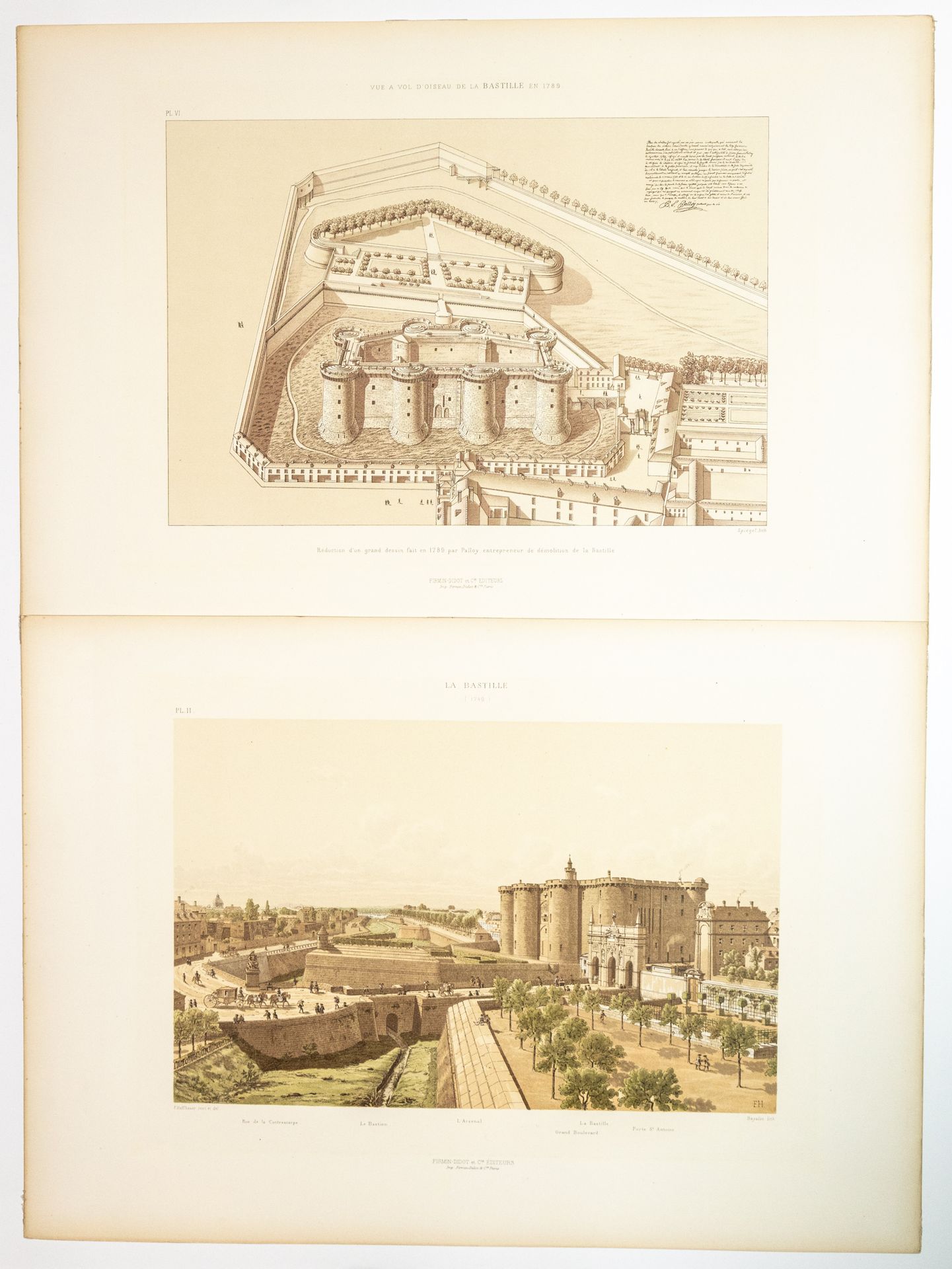 Null 巴斯蒂尔。2张石版画，19世纪末，由FIRMIN-DIDOT et Cie编辑："1789年巴斯蒂尔的鸟瞰图，由拆除巴士底狱的承包商PALLOY在17&hellip;