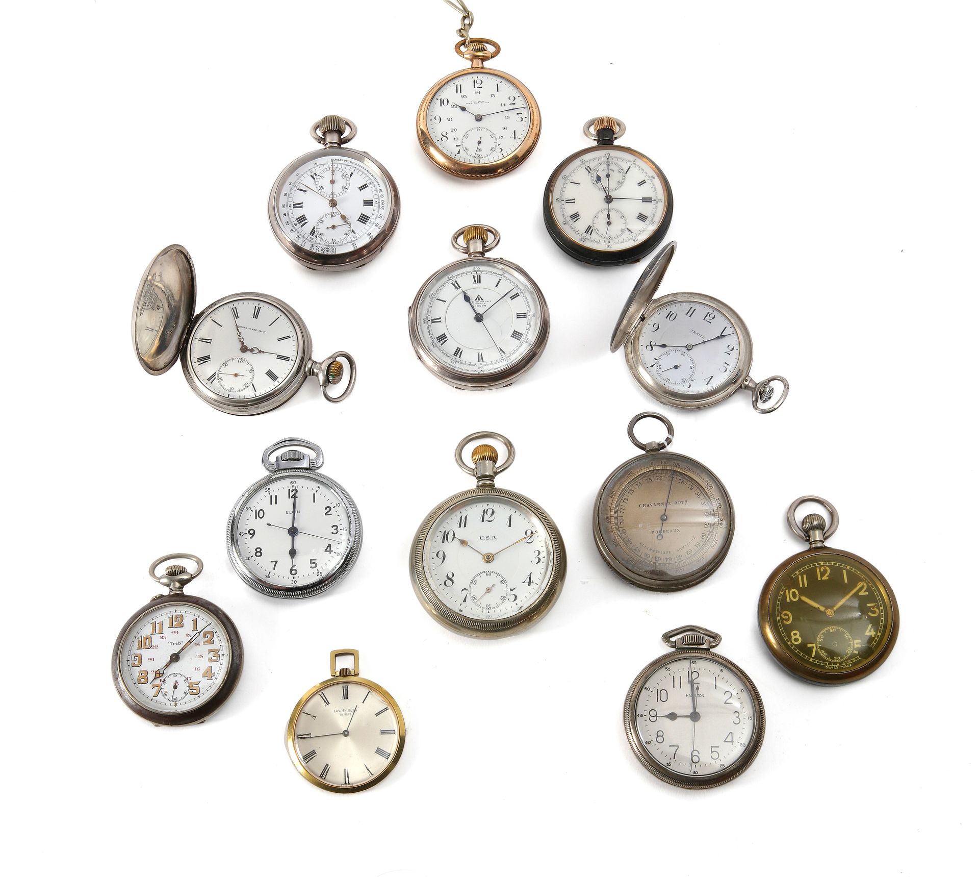 Null Ein Set von 12 Uhren, darunter 6 Taschenchronographen aus Metall oder Stahl&hellip;