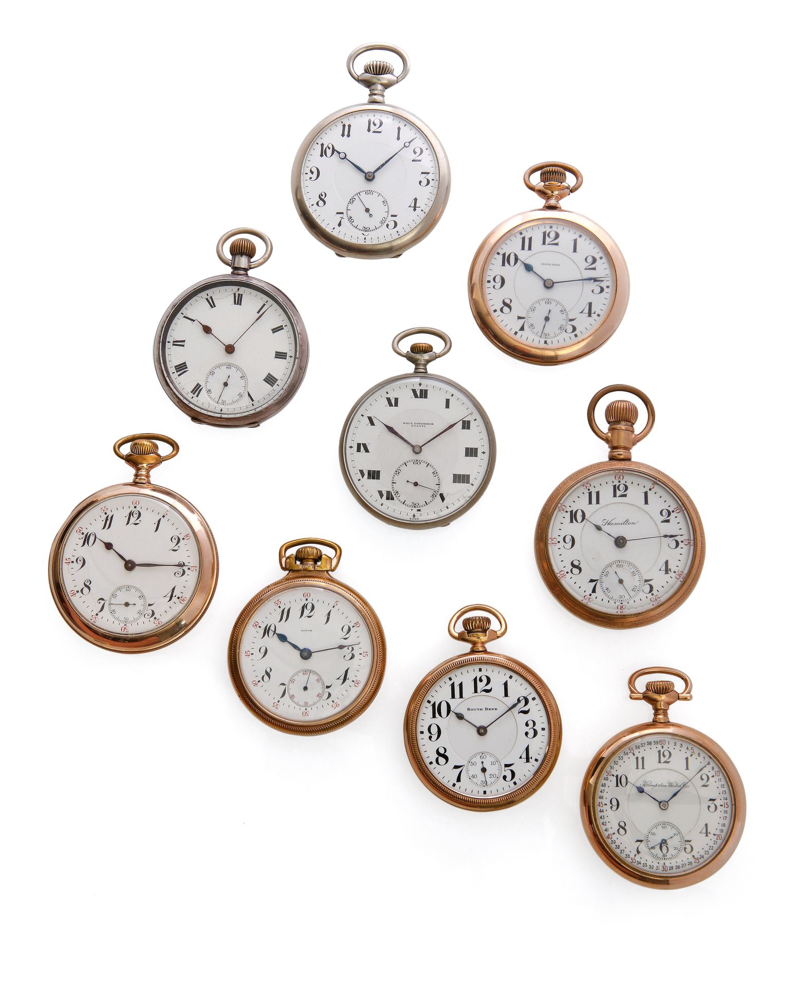 Null Serie di 9 orologi da tasca in metallo e placcati oro, tutti con cassa roto&hellip;