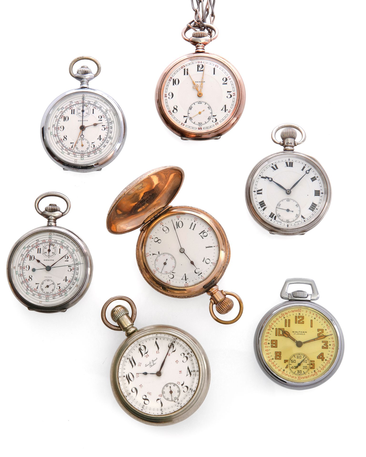 Null A lot of 7 pocket watches including two chronographs in gold-plated metal, &hellip;