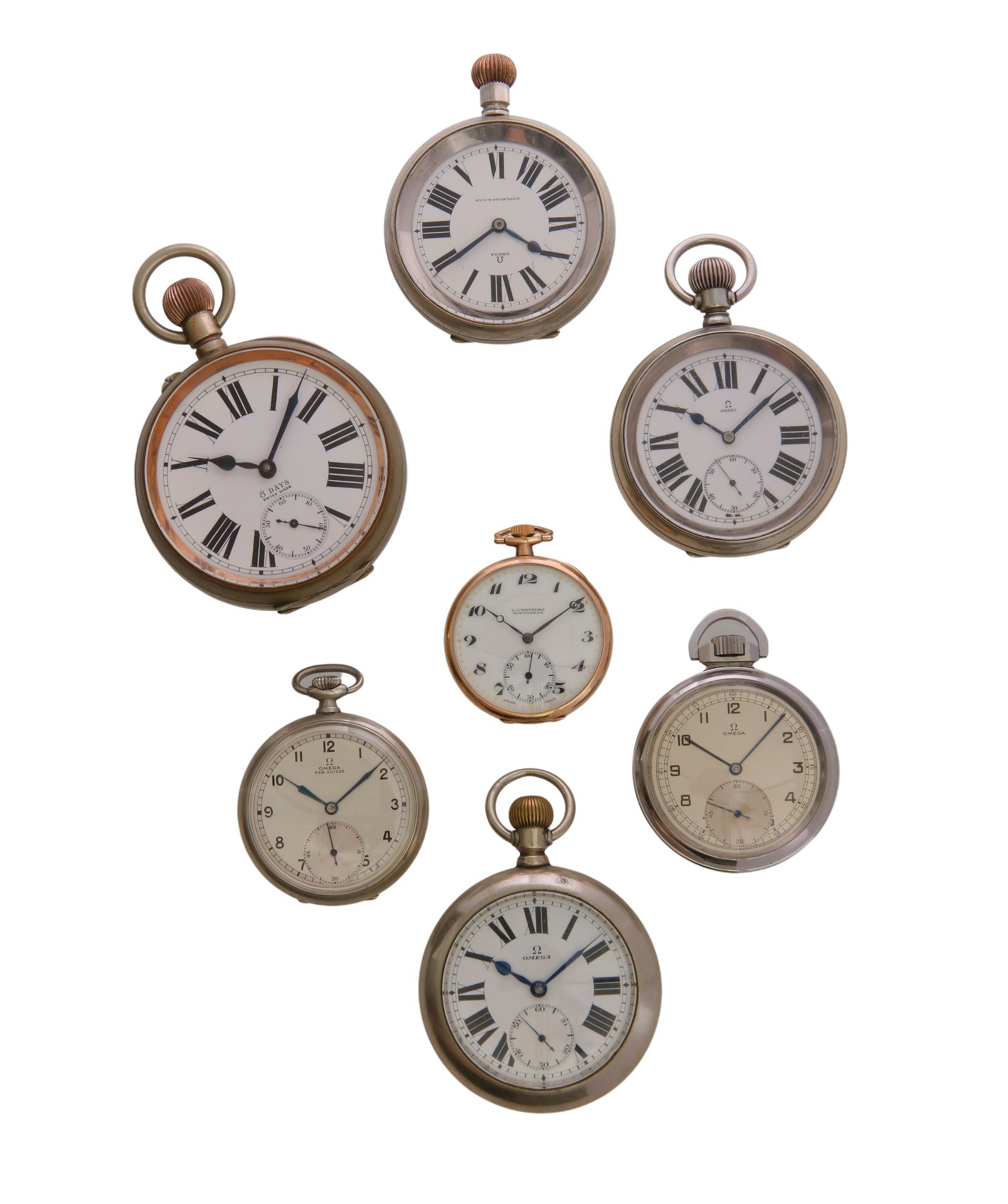 Null 一批7只钢制、金属和镀金的板表和怀表，大部分是欧米茄，有珐琅或银色表盘，包括一只八天表。 
这些手表按原样出售，不保证其功能。