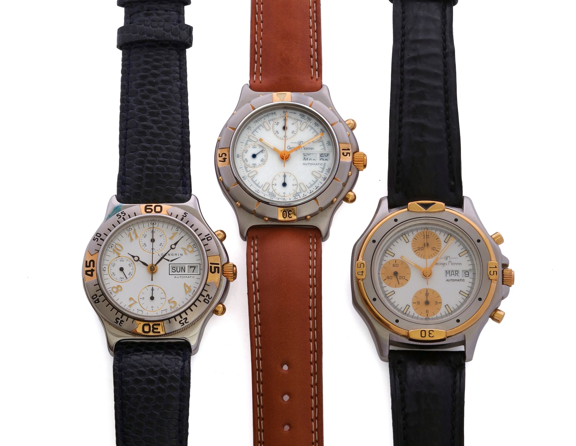 Null Georges Monnin / Longrin
Ein Set von drei Chronographen-Uhren in Stahl, wei&hellip;