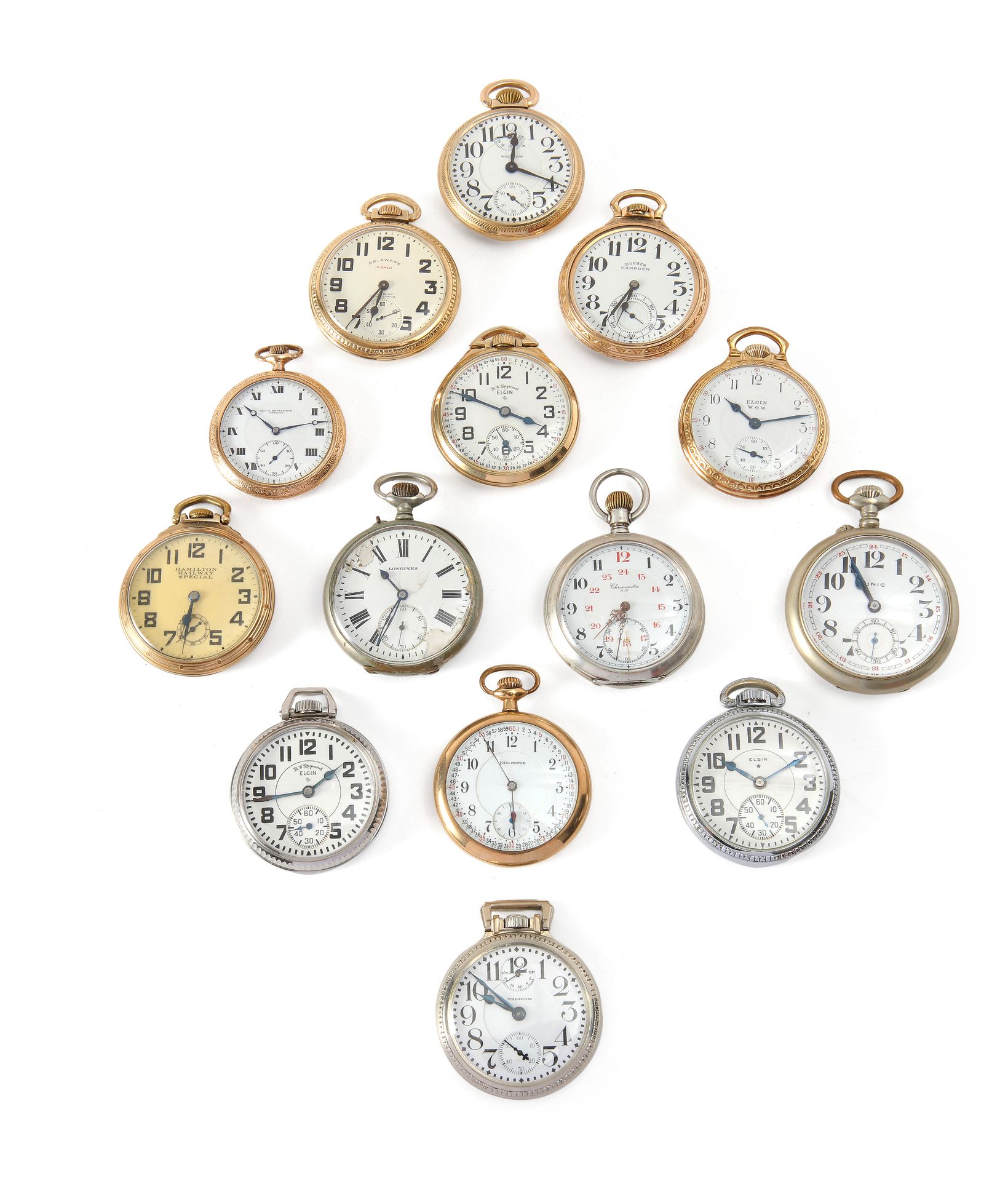 Null Ein Set von 14 Taschenuhren aus Metall und Silber zum Thema Eisenbahnuhren,&hellip;