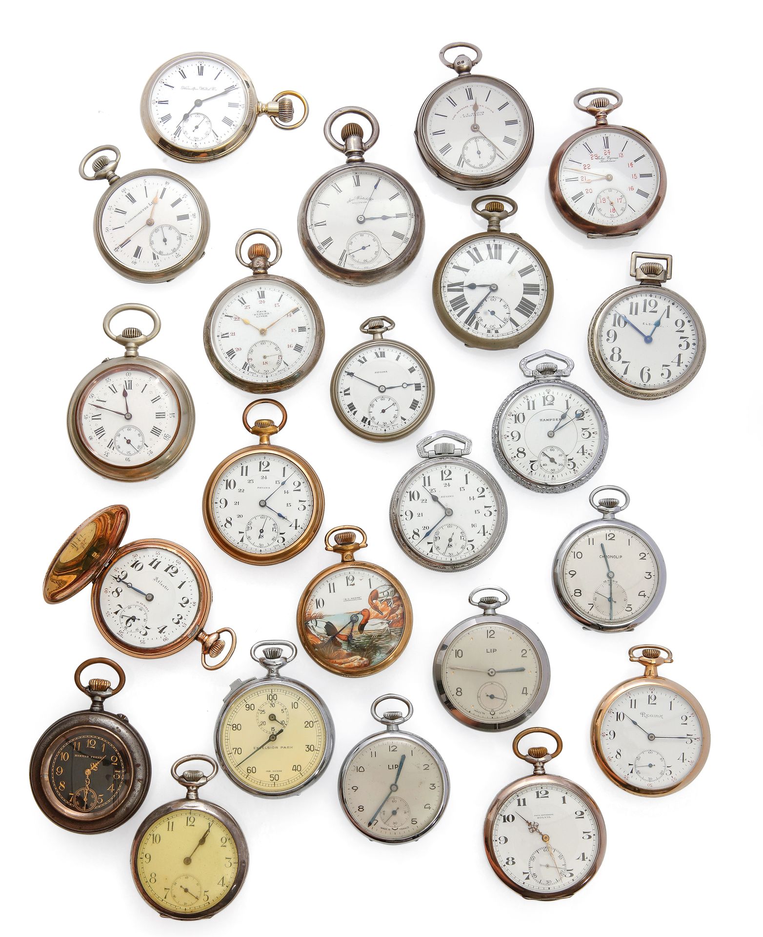 Null Ein Set von 22 Taschenuhren aus Metall und Silber, alle mit runden Gehäusen&hellip;