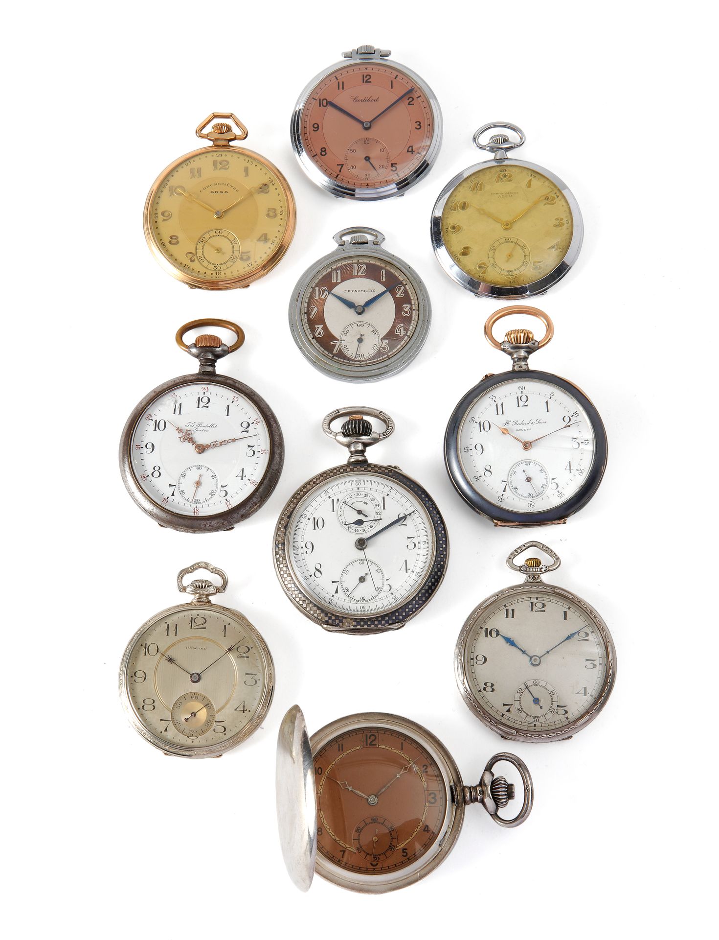 Null Serie di 10 orologi da tasca in metallo e placcati oro, tutti con cassa rot&hellip;