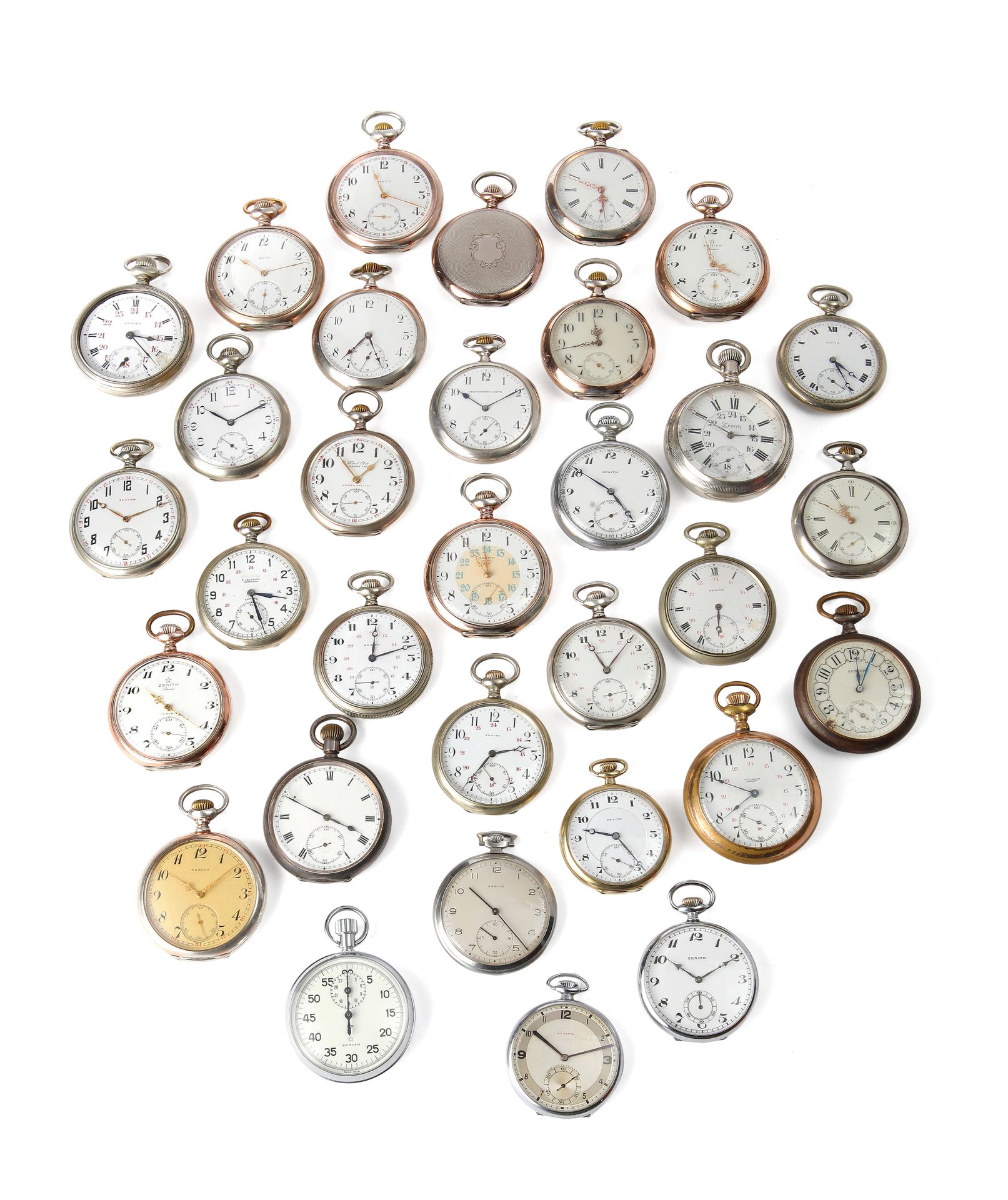 Null A lot of 32 metal and silver pocket watches, mostly Zenith, all with round &hellip;