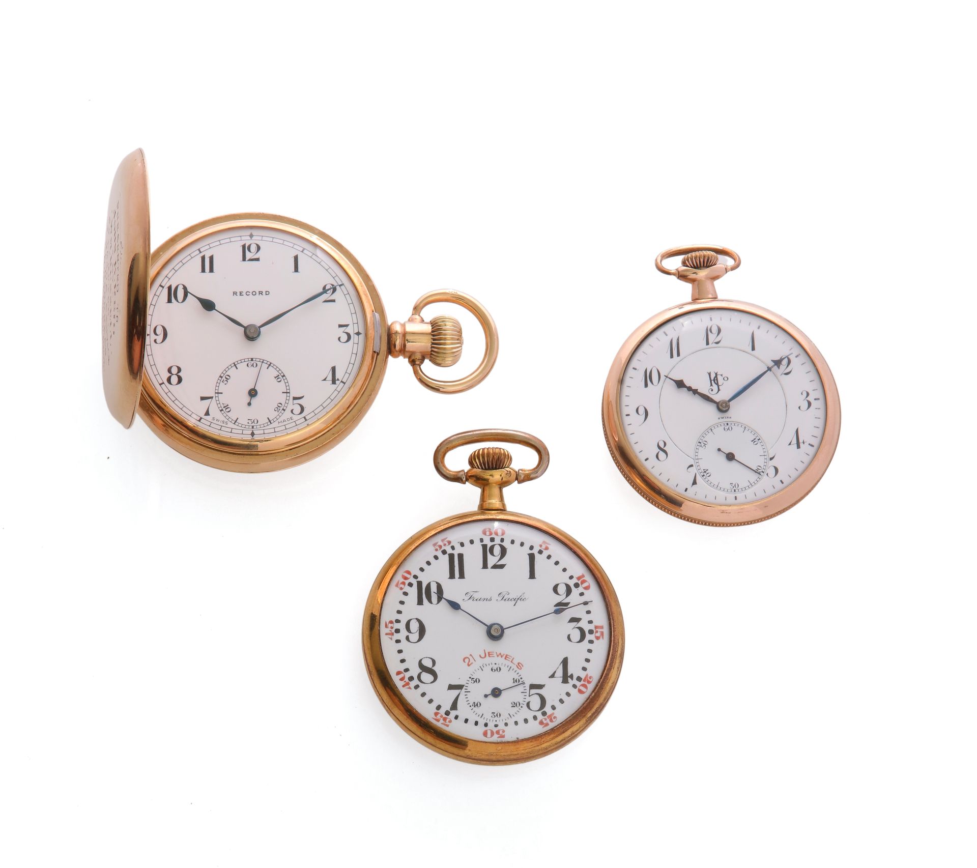 Null Record / Trans Pacific / HJCO
Serie di 3 orologi da tasca placcati in oro, &hellip;