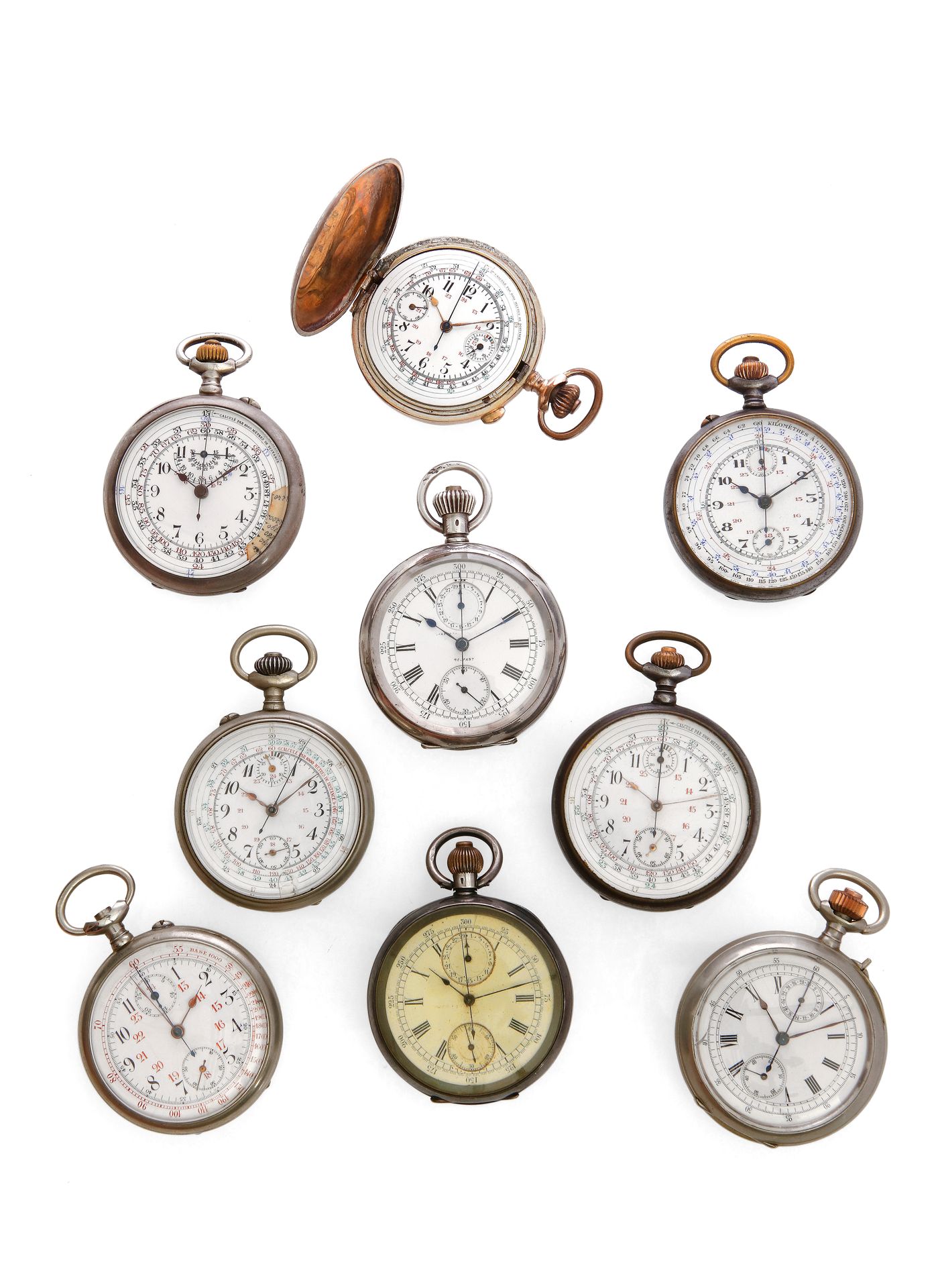 Null Ein Set aus 9 anonymen Taschenchronographen aus Metall, alle mit runden Geh&hellip;