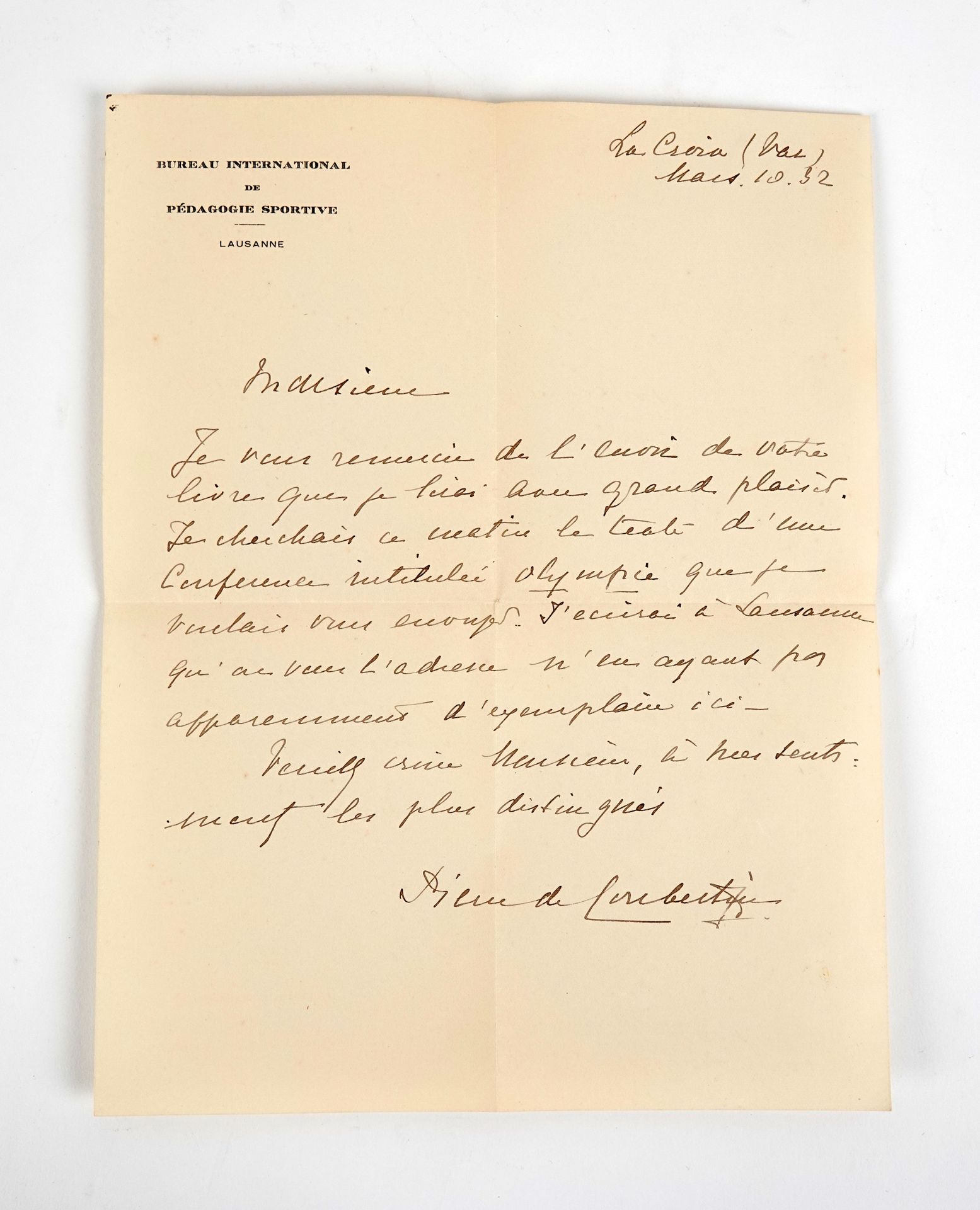 Null Coubertin (Pierre de)...Lettre parfaitement manuscrite d'une page (9 grande&hellip;