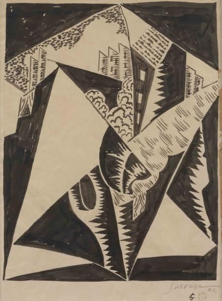 Léopold SURVAGE Sans titre (paysage cubiste), 1924 Encre sur papier signé et dat&hellip;