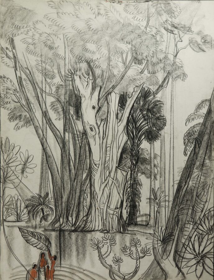 Null 安德烈-迈尔 (1898-1984)
"在大叻洗澡"，木炭和粉笔，无签名
尺寸 65 x 50 cm