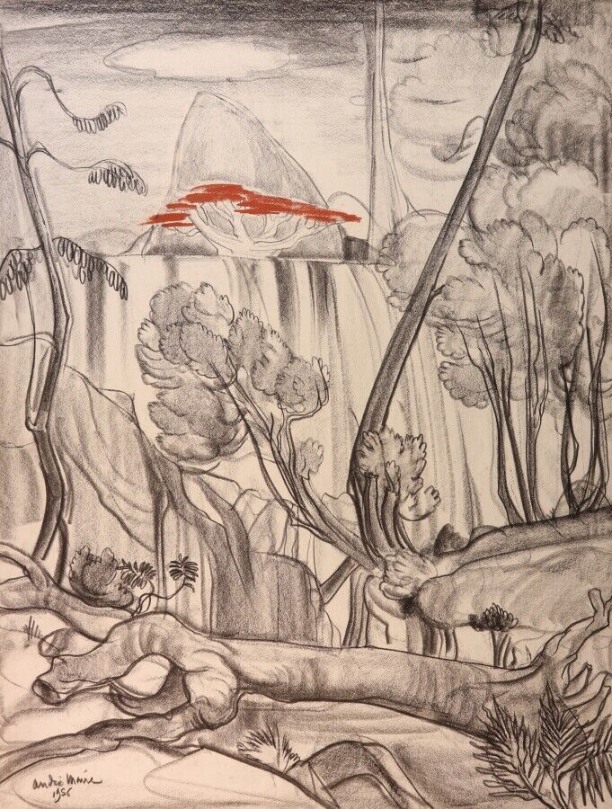 Null 安德烈-迈尔 (1898-1984)
"Chutes de Gougah"，木炭和红粉笔，左下角有签名和日期，1956年
尺寸：65 x 50 cm