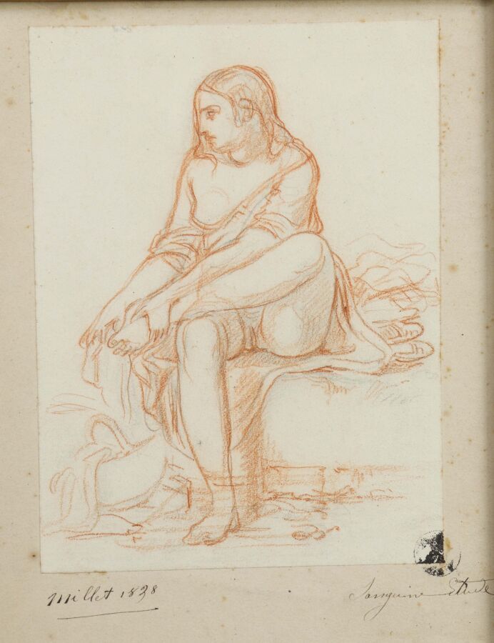 Null École française XIXe
"Femme dévêtue", sanguine contrecollée sur papier, por&hellip;