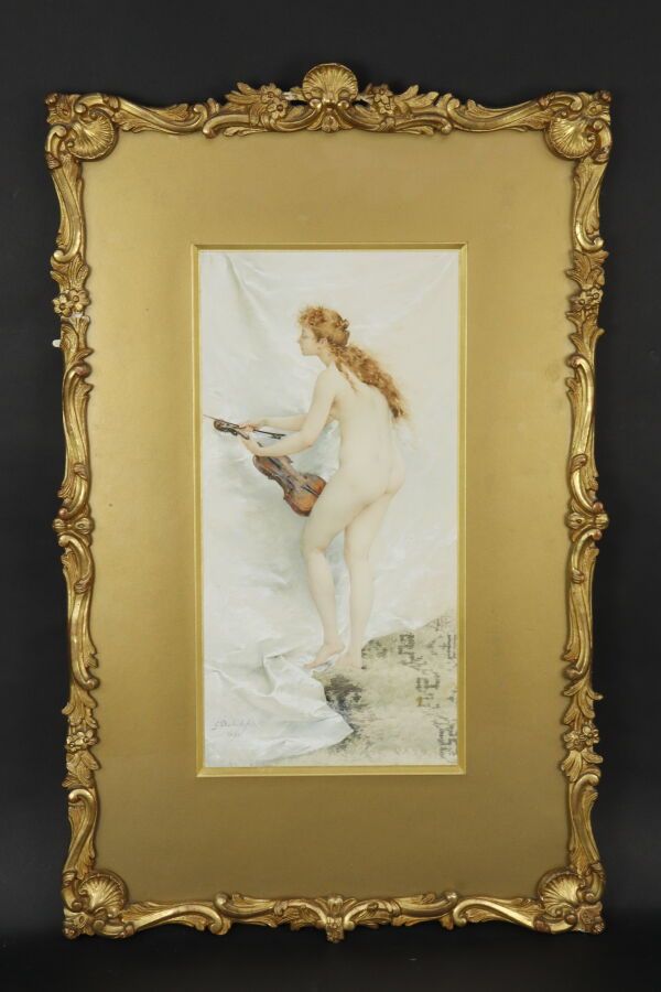 Null Édouard Marie Guillaume DEBUFE (1853-1909)
"La joueuse de violon", acquerel&hellip;