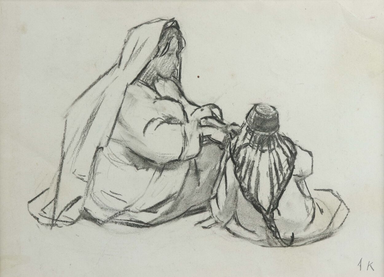 Null École orientaliste XXe
"Mère et enfant", dessin au fusain monogrammé AK en &hellip;