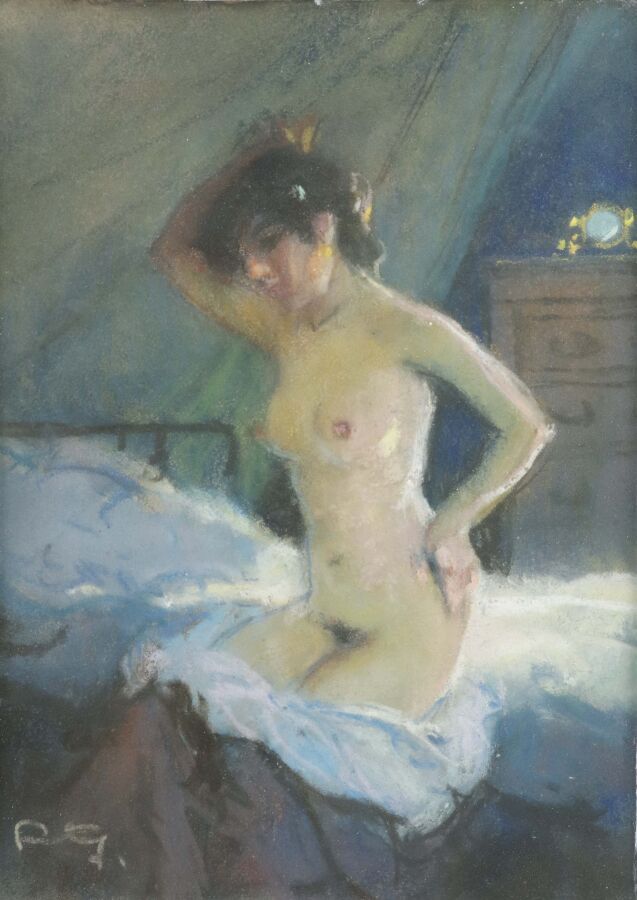 Null Louis FORTUNEY (1875-1951)
"Jeune femme nue au sortir du lit", pastel signé&hellip;