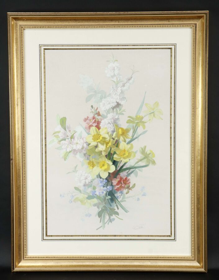 Null G.Léon BERARD (法国十九世纪末的学校)
水粉画 "花的构成"，右下方有签名和日期1883年
尺寸：59.5 x 39.5厘米（视线）。
&hellip;