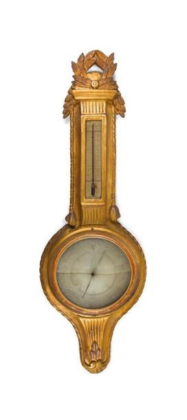 Null GOLDEN 
WOOD BAROMETER decorated with trimmings and laurel wreath.
XIXth ce&hellip;