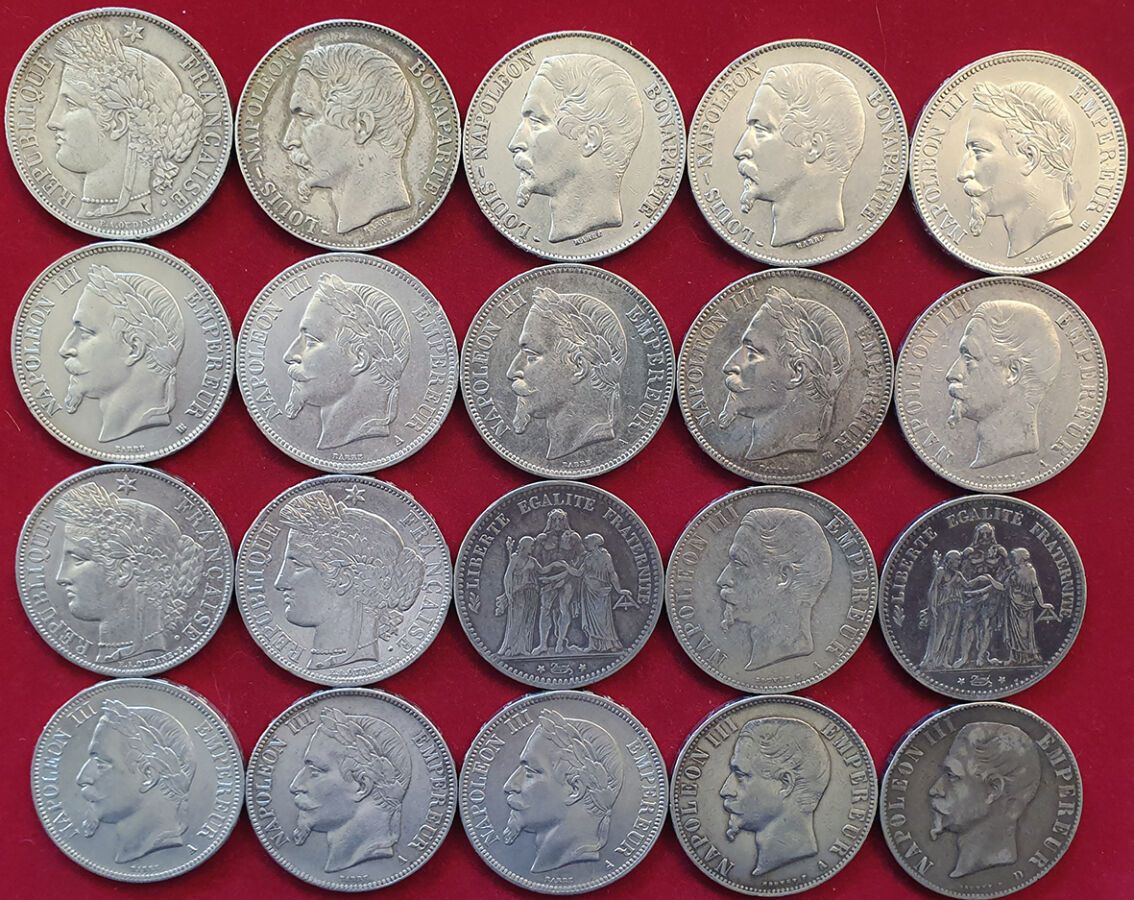 Null 各种19世纪的银器。20枚硬币：L.Napoléon 1852A 5法郎（3枚），Napoléon III光头5法郎（4枚），Napoléon III&hellip;