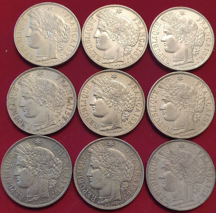 Null 各种19世纪的银币。9枚硬币：5法郎Ceres 1870 A，带图例（8枚），无图例（1枚）。好的肋骨。非常有趣。 TTB+和SUP