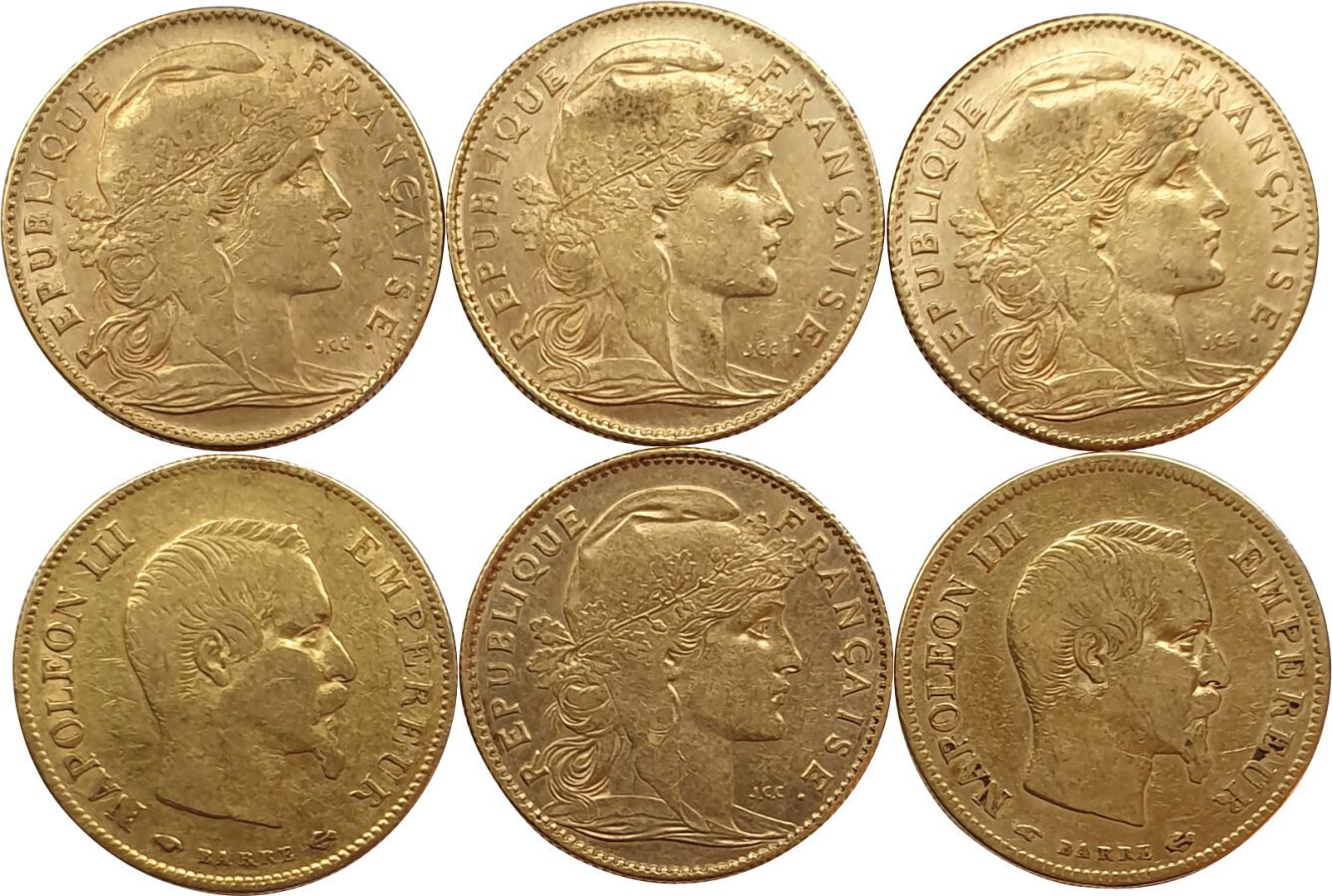 Null 6 Münzen zu 10 Francs: Napoleon III. Mit nacktem Kopf (2), Hahn (4). TB bis&hellip;