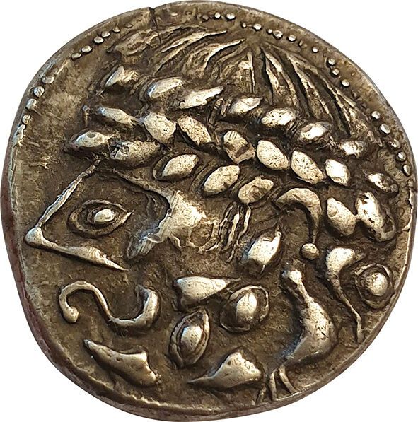 Null 多瑙河的凯尔特人，公元前2-1世纪。有骑手和三叉戟的四角形硬币。模仿菲利普二世及其继承人的硬币。Zopfreiter的类型。 12,14grs.粉红色&hellip;