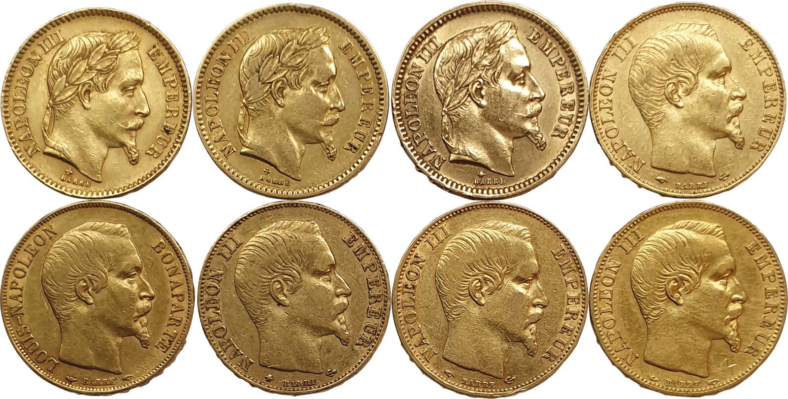 Null Napoléon III. 8 pièces de 20 Francs : Tête nue (5), Lauré (3) TB+ à SUP