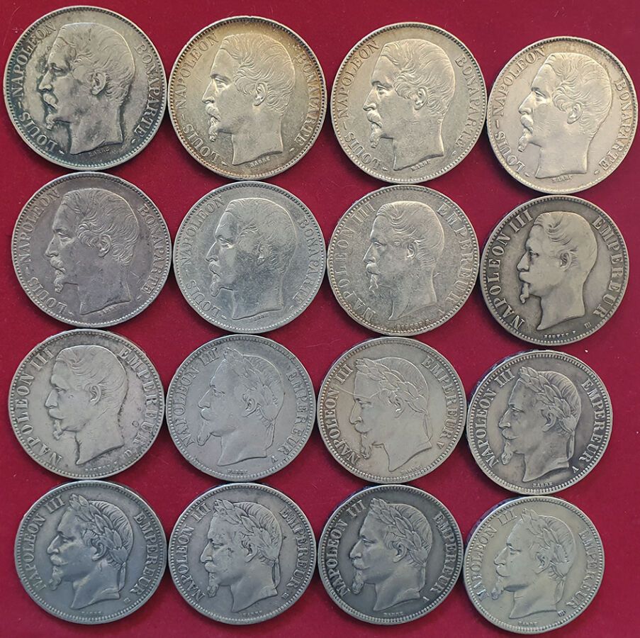 Null 路易-拿破仑和拿破仑三世。16枚硬币。L.Napoleon 5 Francs 1852A (6 ex.), Nap.III 5 Francs 1855&hellip;