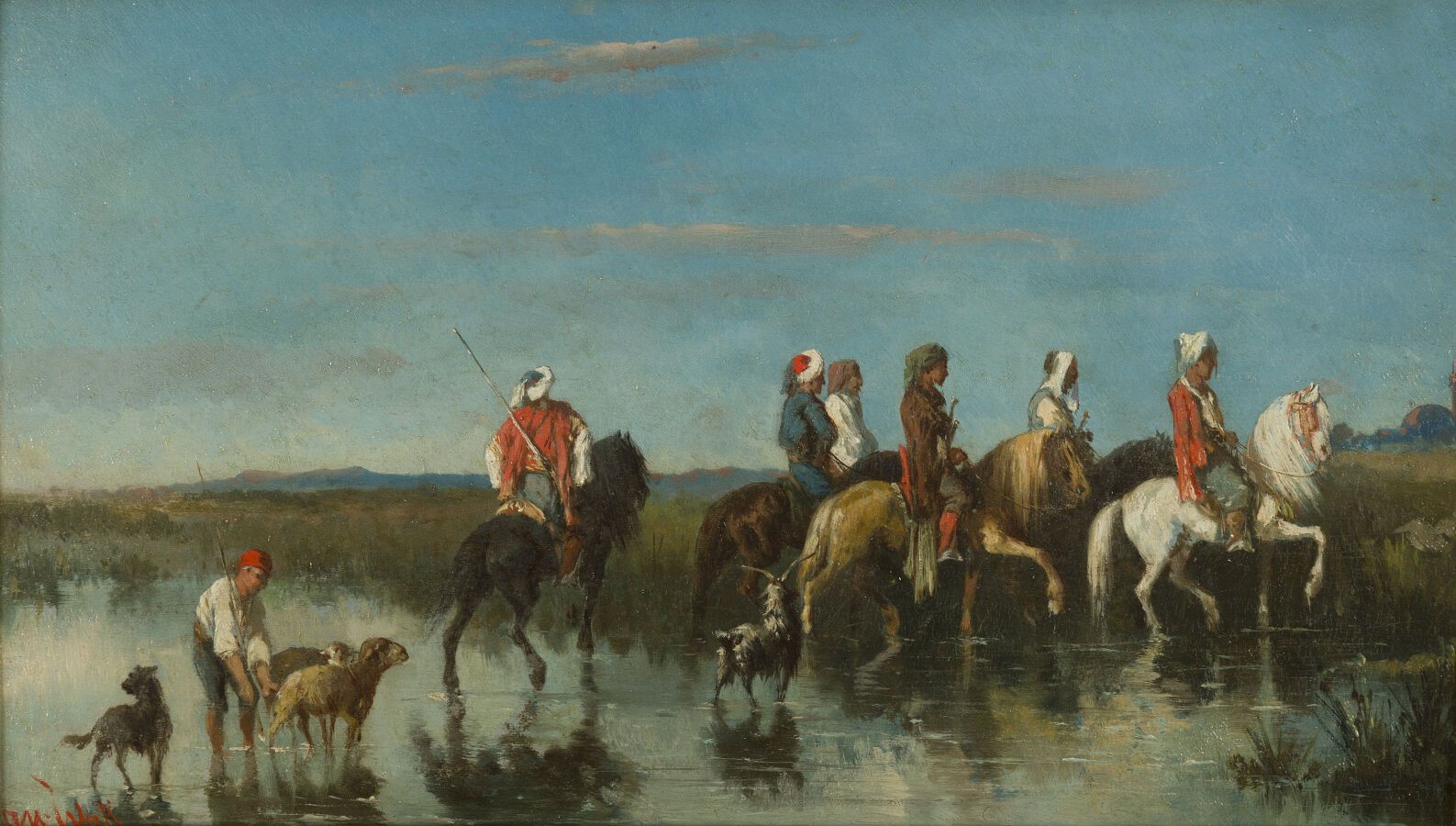 Null Henri VAN WYK (1833-?)。

骑士们，穿越福特河，1884年

左下角有签名的面板油画。

背面是艺术家寄来的，日期是 "1884&hellip;