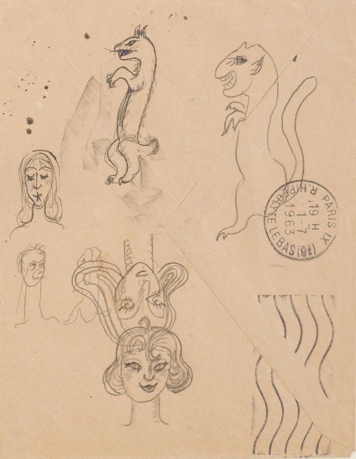 Null 安德烈-布雷顿 (1896-1966)

女性面孔和动物的素描

信封上的黑色铅笔和钢笔画。

11.3 x 14.3 厘米。



出处：André&hellip;