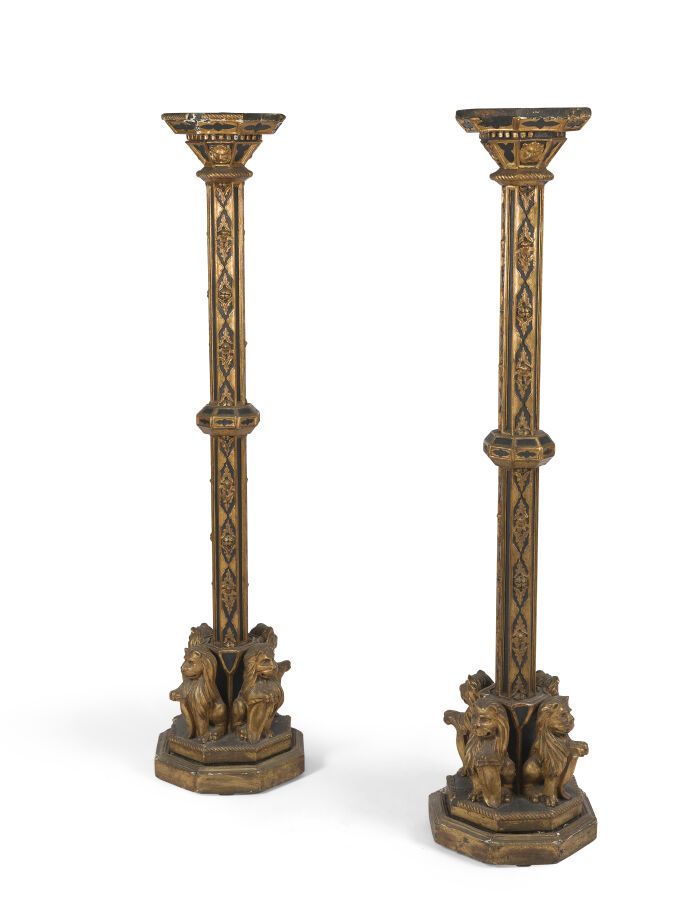 Null PAIR OF PEDESTAL TABLES IN BLACKENED AND GILDED WOOD

decorated with styliz&hellip;