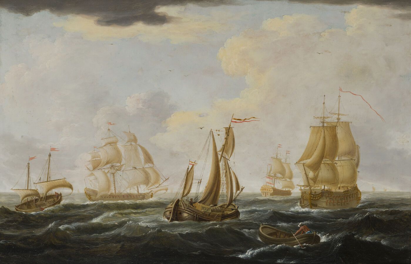 Null 约1800年的HOLLAND ECOLE

大气候下的船舶

胡桃木或石灰木板。

42 x 63厘米。

有标签的痕迹，包括背面的一个蜡印。

右下&hellip;