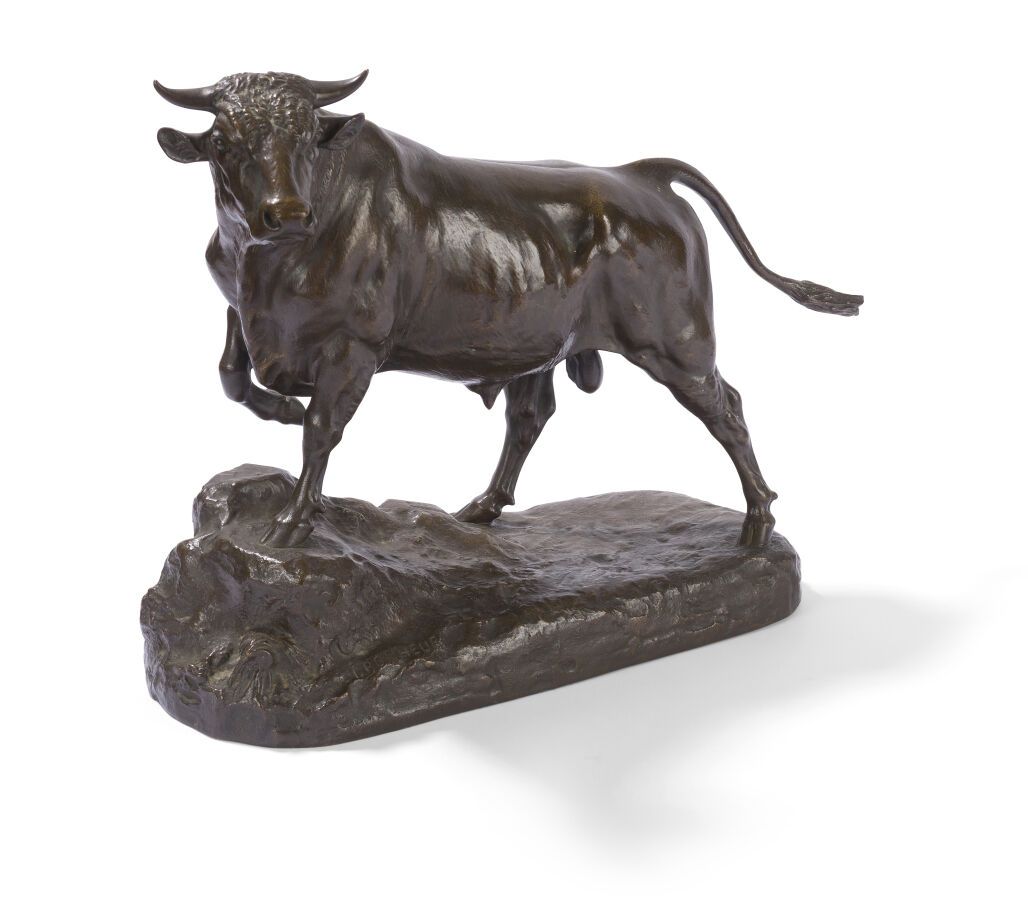 Null 棕褐色的铜像

代表一头公牛；Peyrol家族的印章。

在伊西多尔-邦霍尔之后，签名。

高：31厘米，宽：40厘米。