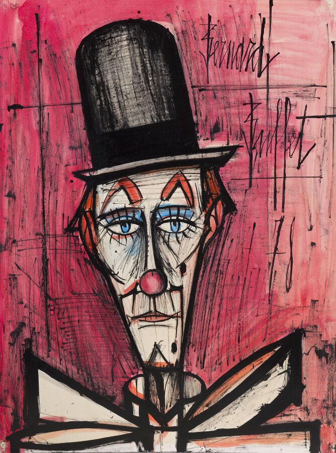 Null 伯纳德-布菲特(1928-1999)

戴礼帽和红色背景的小丑，1978年

纸上混合媒体，右上角签名，日期为 "78"，背面有标题，注释为C，并盖有&hellip;