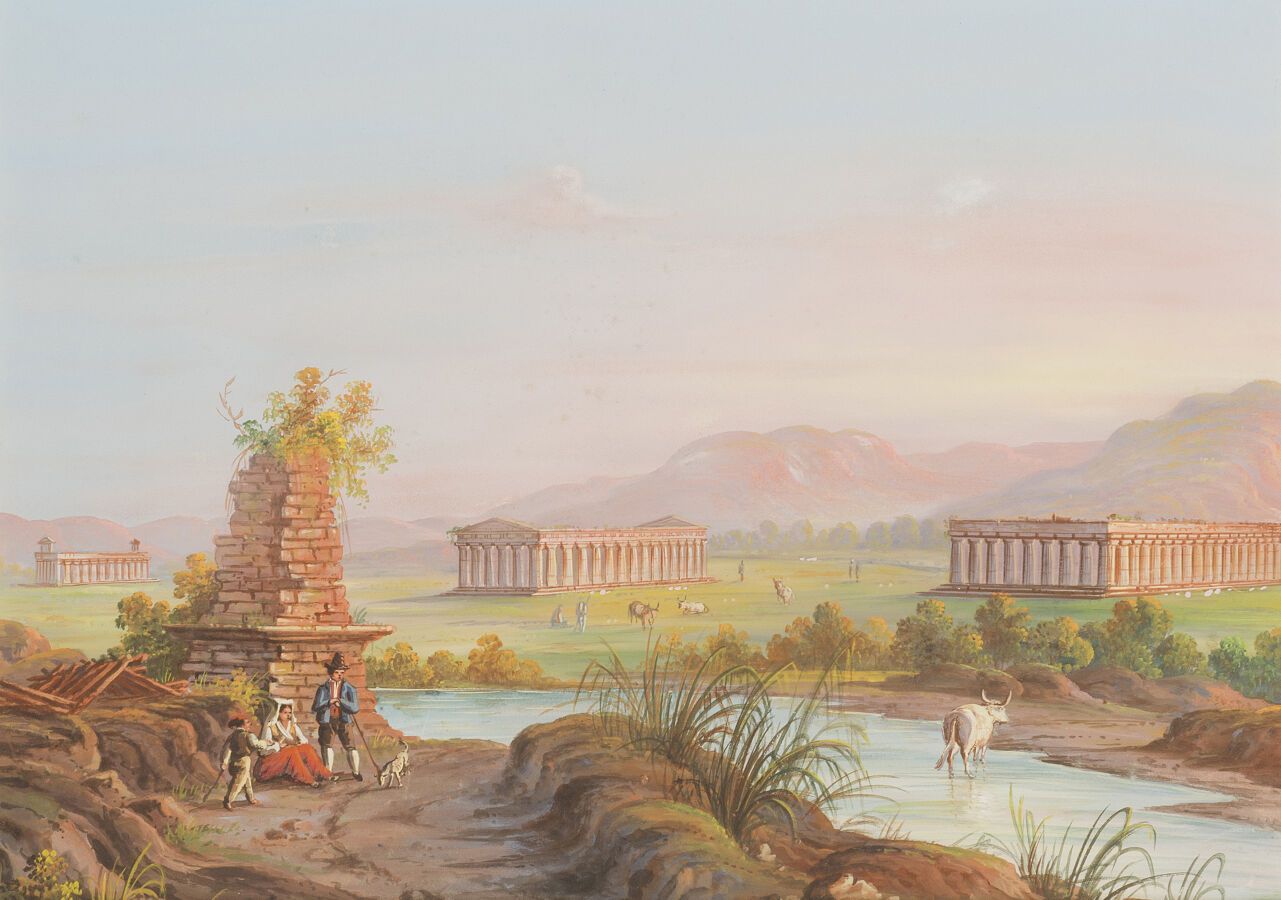 Null 归功于保罗．帕斯卡尔(1832-1903)

帕斯图姆的神庙

水粉画。

29 x 40厘米。

在玻璃下装裱。