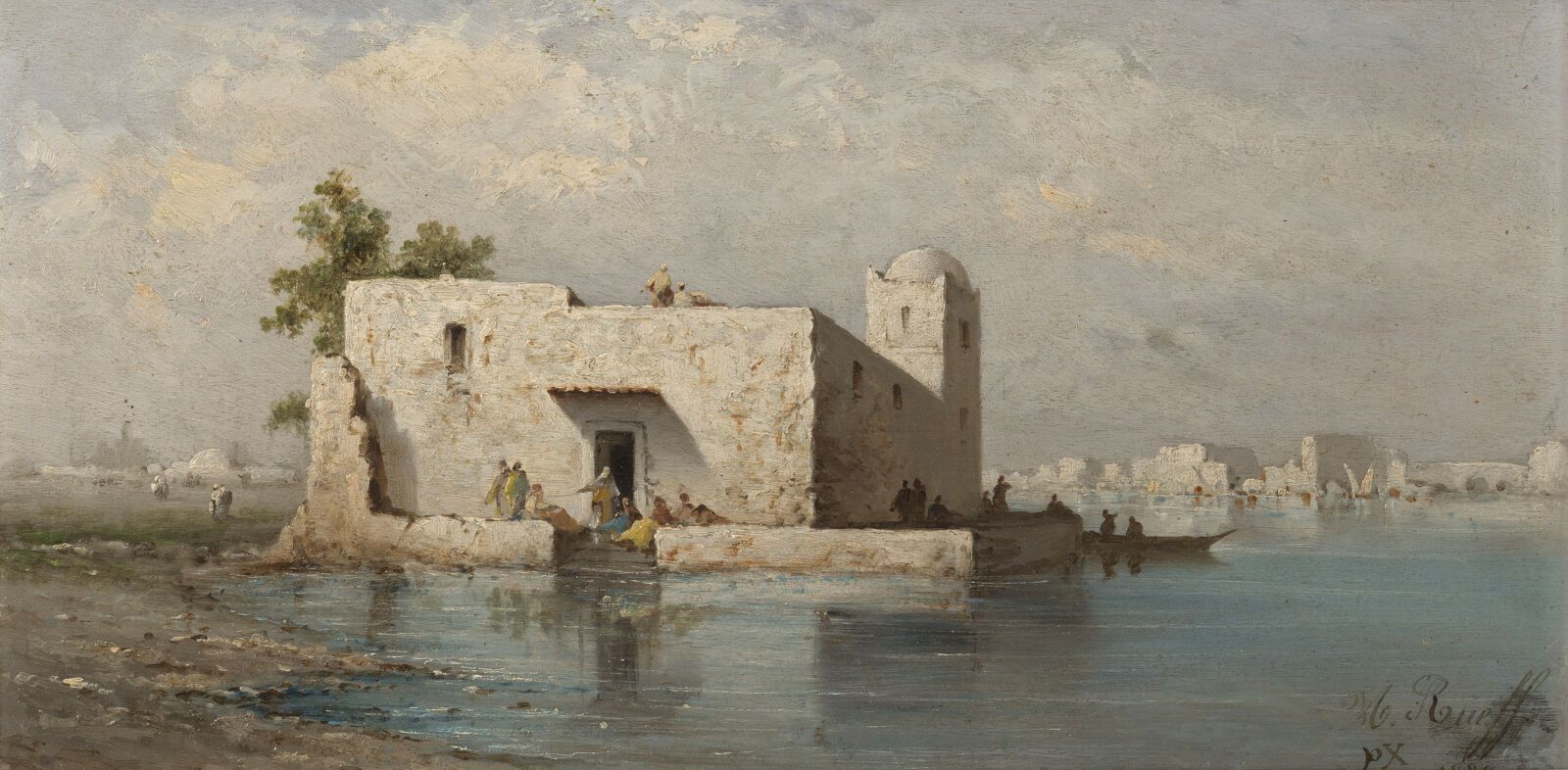 Null A.RUEFF

突尼斯的淡水湖，1889年

面板油画，右下角有签名，日期为1889年。

21.5 x 41 厘米。