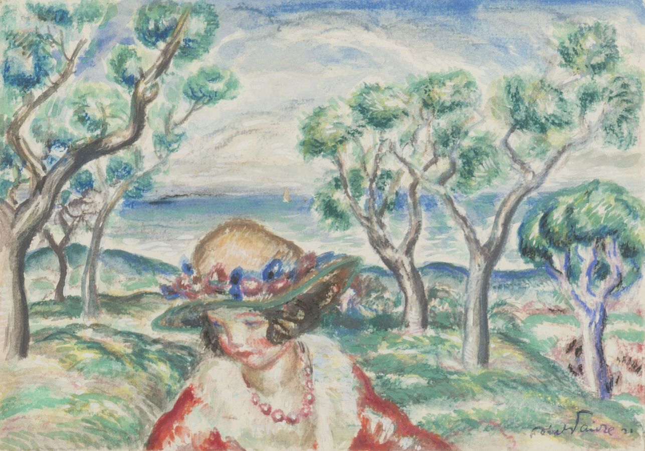 Null 阿贝尔-费弗尔(1867-1945)

戴着花帽的年轻女孩在大海面前，1921年

水彩水粉画，右下方有签名和日期 "21"。

17.5 x 25.&hellip;