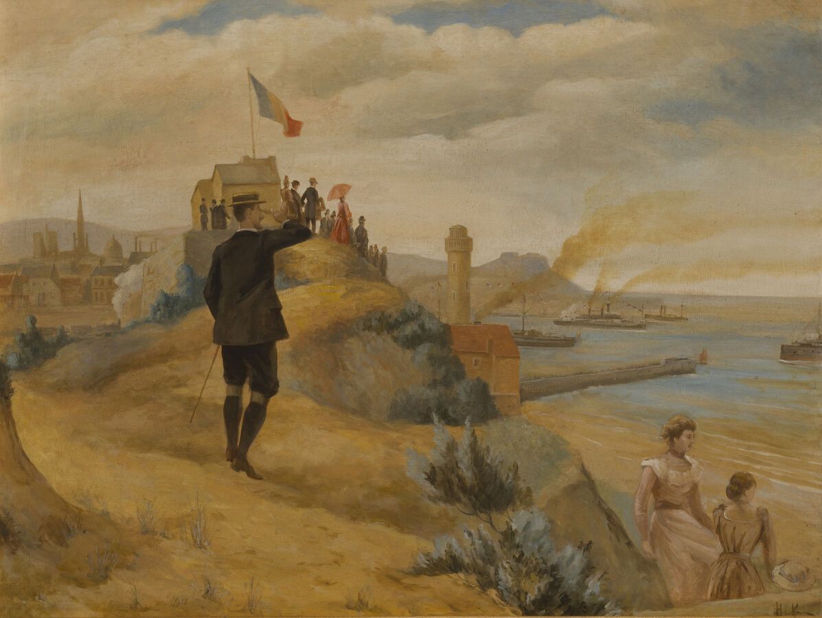 Null 19世纪末/20世纪初的学校

海港上方的观众

布面油画，右下方有签名。

56 x 72 cm