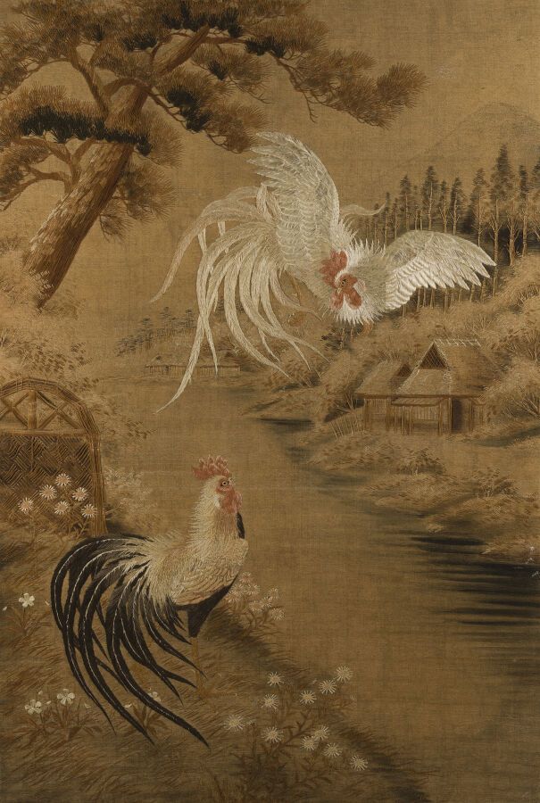 Null 绣花丝绸面板

日本，20世纪初

饰以河边的两只公鸡

尺寸：177 x 118,5 cm

(脏污)